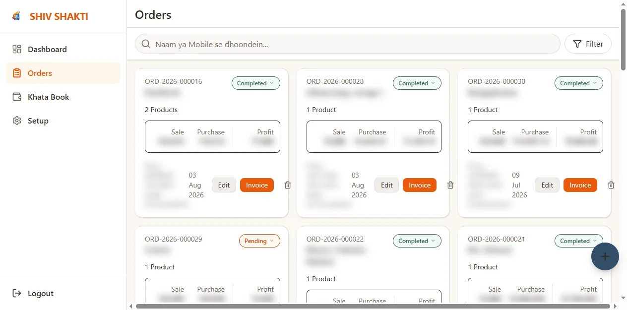 Orders list showing each order card with sale, purchase and profit figures, with customer names and amounts blurred for confidentiality