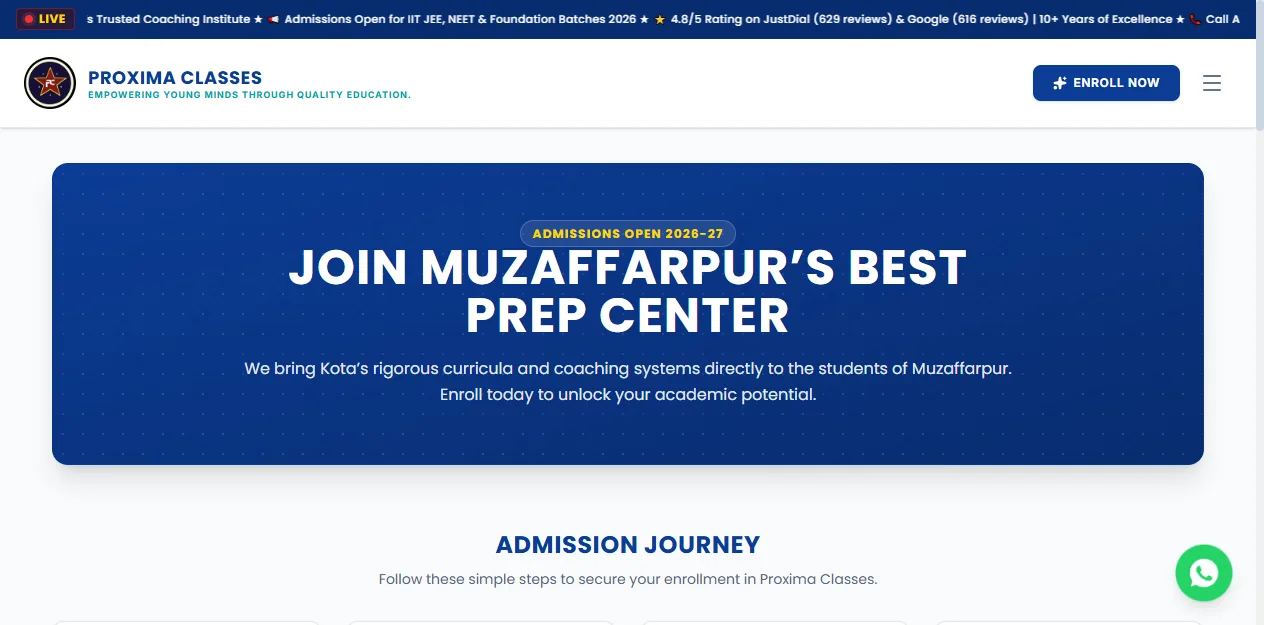Admissions page of the Proxima Classes website with an admissions-open banner and a step-by-step admission journey