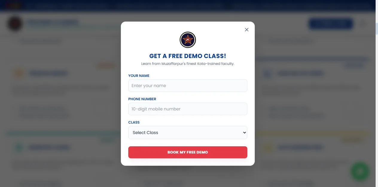 Admission enquiry pop-up on the Proxima Classes website offering a free demo class, asking only for name, phone number and class