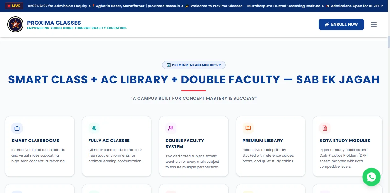 Facilities section of the Proxima Classes website showing smart classrooms, AC classes, double faculty system, library and Kota study modules