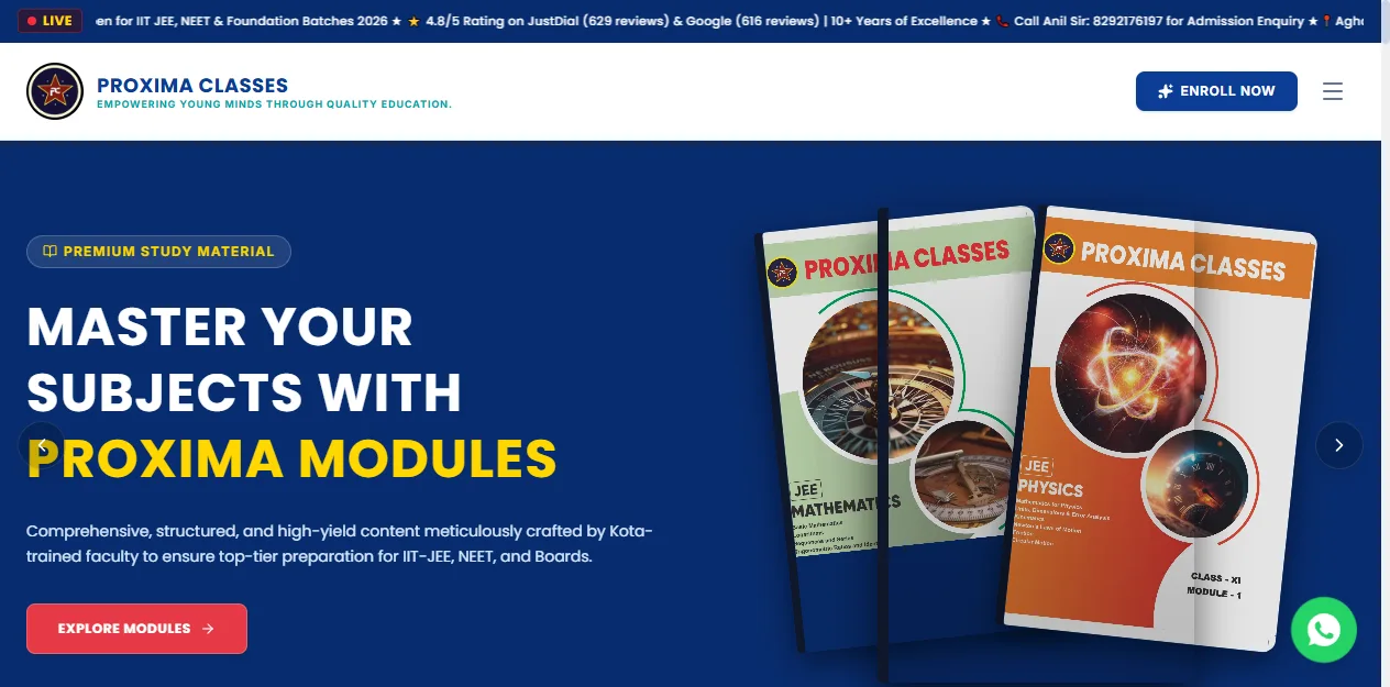 Homepage of Proxima Classes, a coaching institute website built by Widox, showing study modules and an enrol button